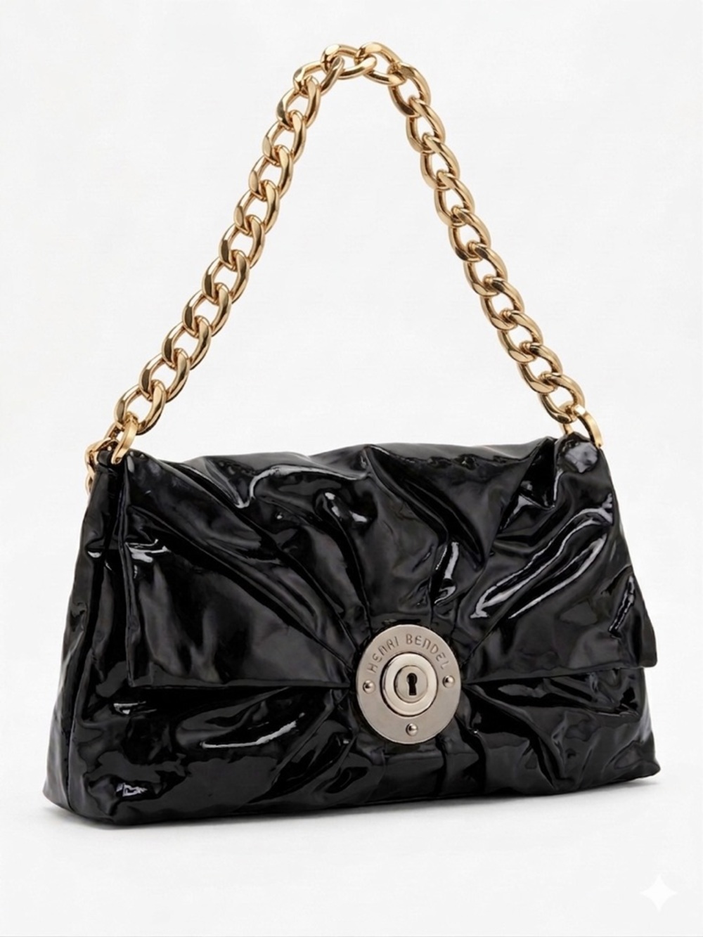 ❌SOLD❌Henri Bendel Black Patent Leather Pleated Shoulder Bag / Clutch RARE - Picture 1 of 16
